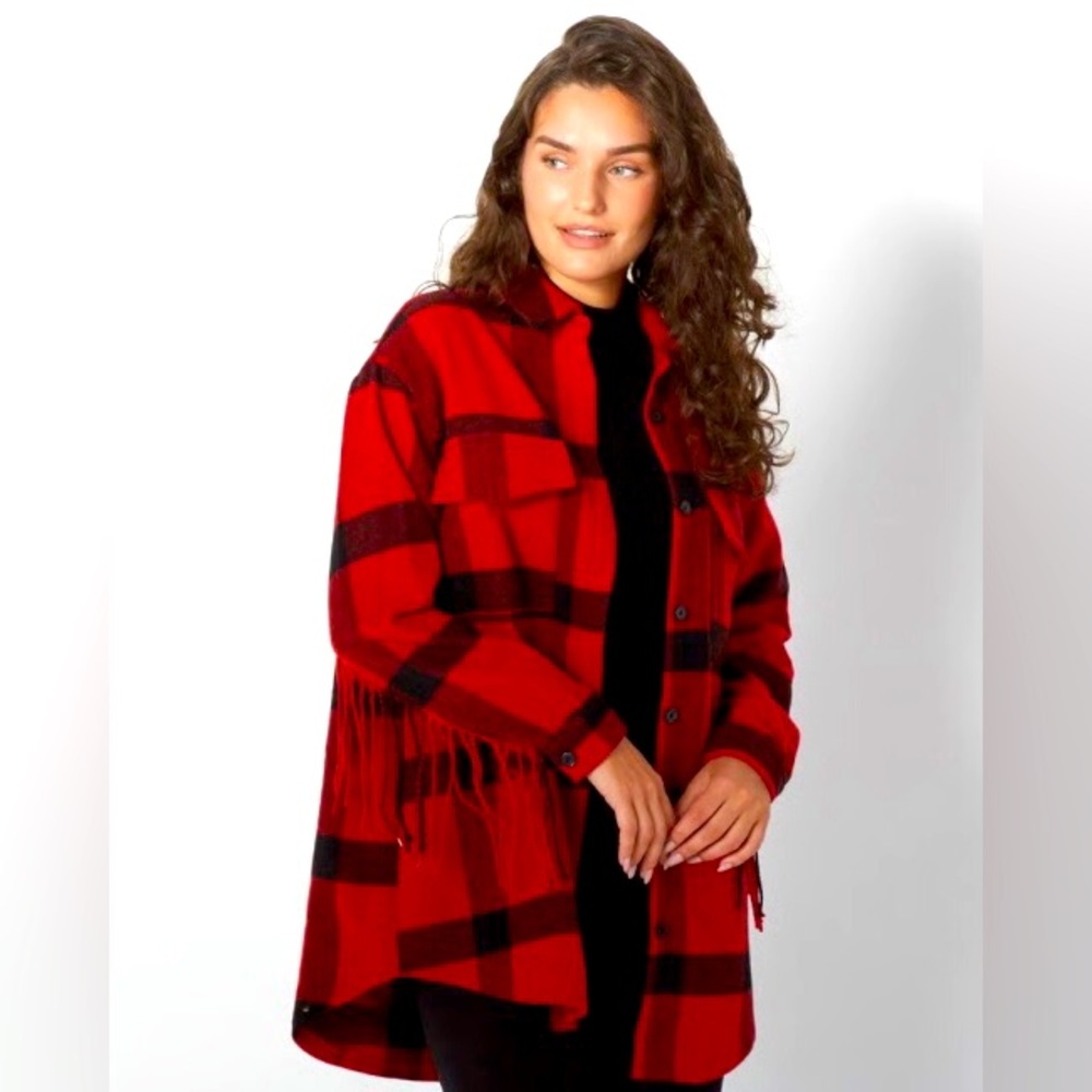 Badgley Mischka Red Black Buffalo Plaid Button Down Shaket With Fringe NWT Sz M